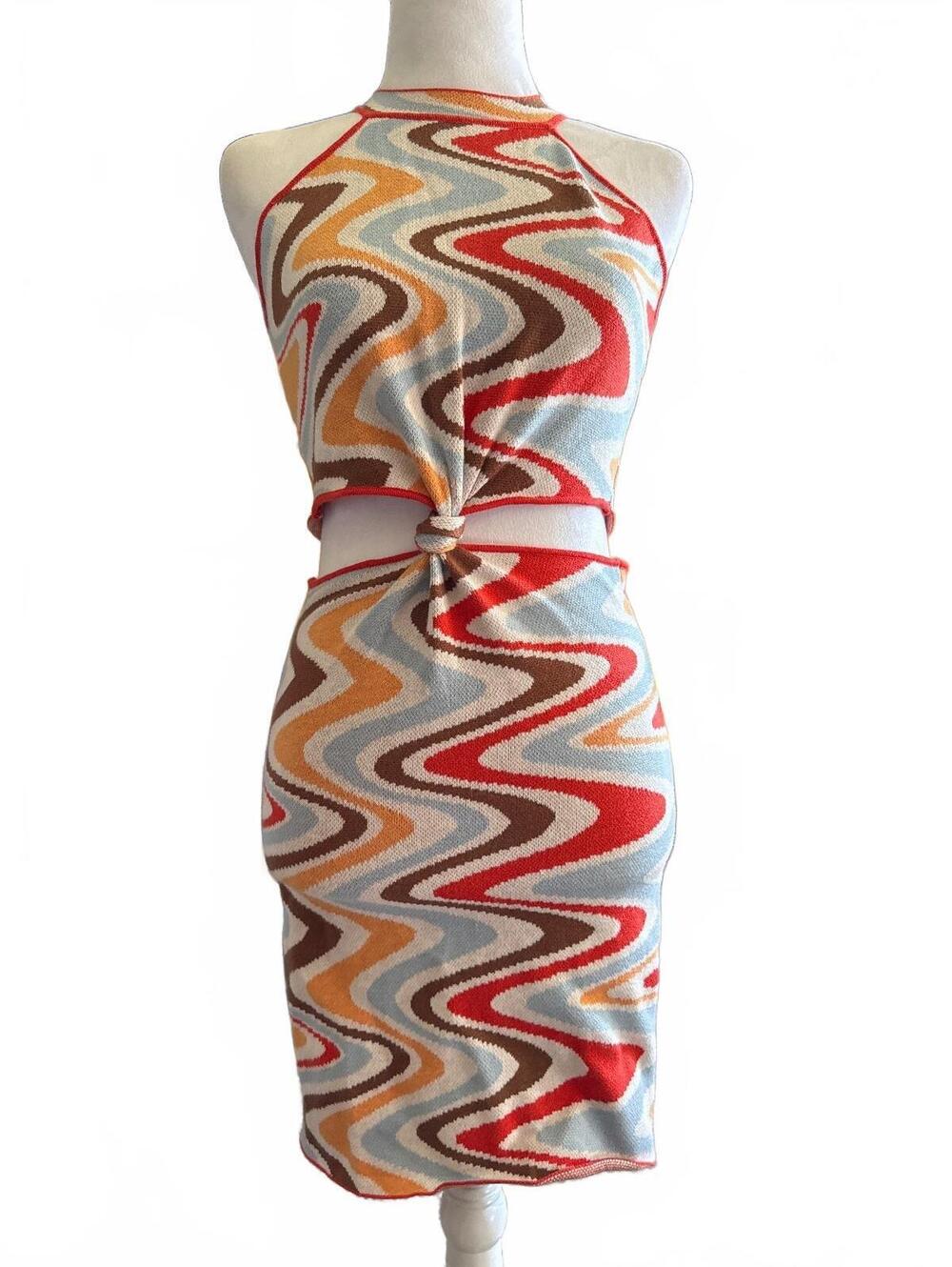 Princess Poly Multi-Color Mini Dress with Abstract Wave Pattern, Size M